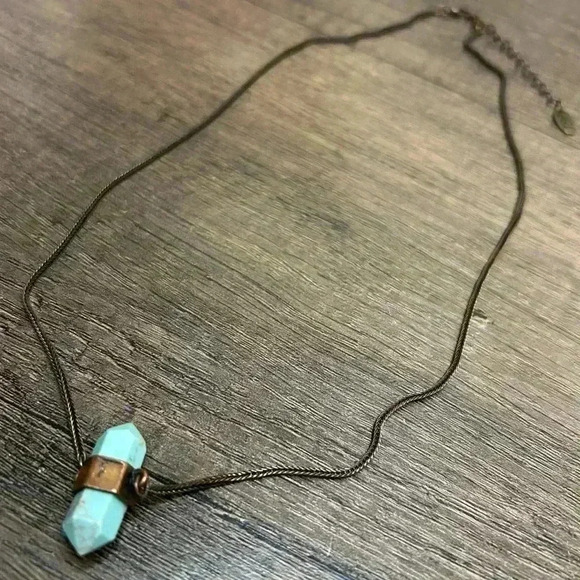 Etcetera Dark Bronze Metal Cuffed Turquoise Stone Pendant Necklace - Picture 1 of 3